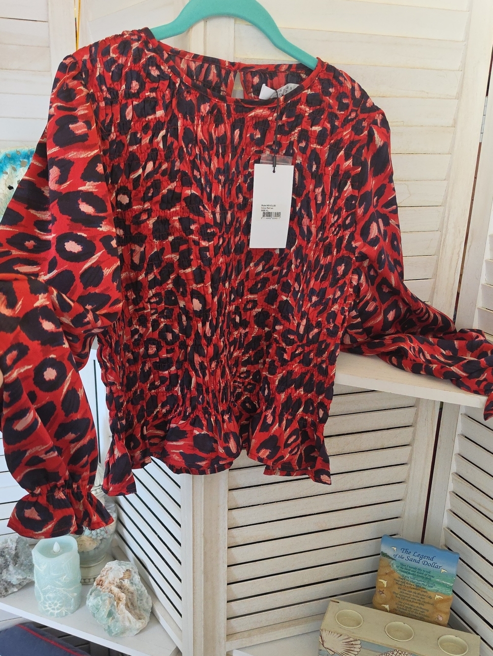 Red Leopard Print Long-Sleeve Peplum Blouse By Sisters Point Sz XL